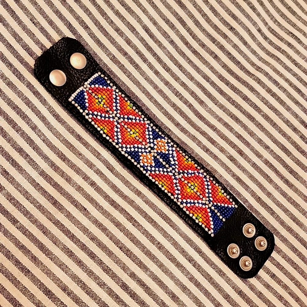 Leather Bead and Rhinestone Cuff